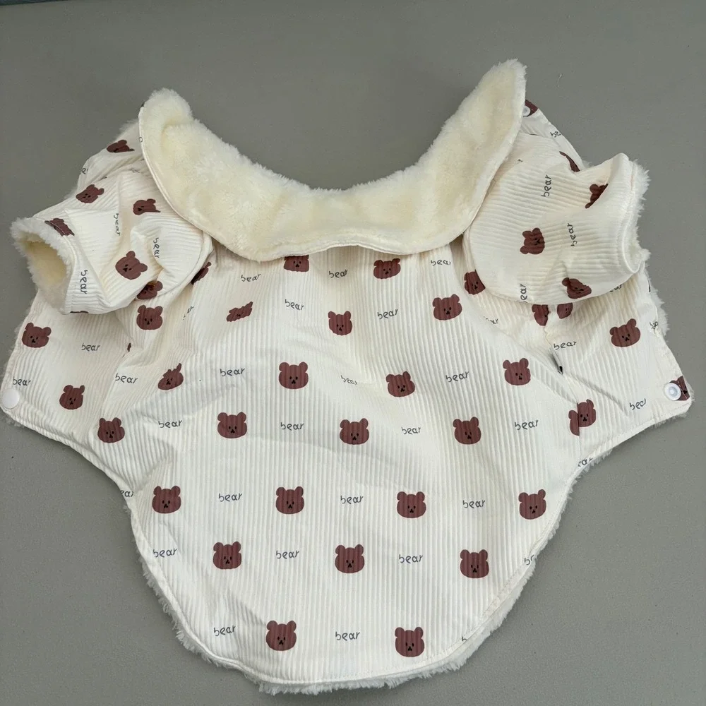 Cream Corduroy Bear Print Pet Jacket Faux Shearling Lined Snap Button Coat Sz 12